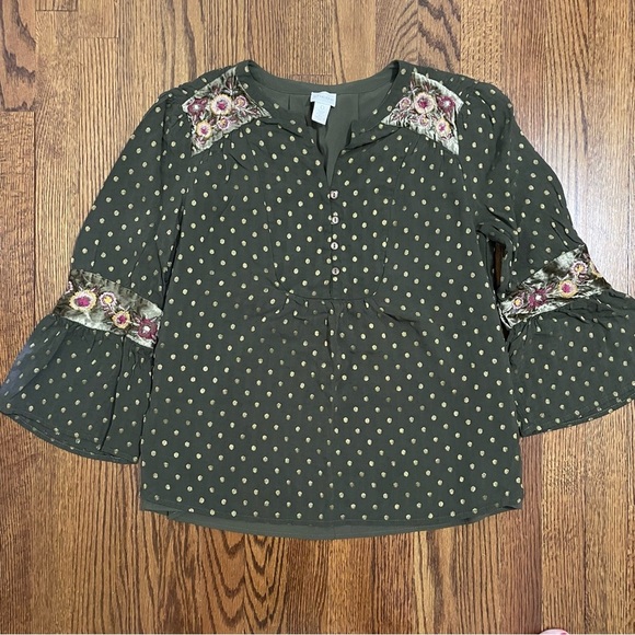 Chico's Green Gold Floral Blouse Bell Sleeve Size 0 or US 4-small - Picture 1 of 10